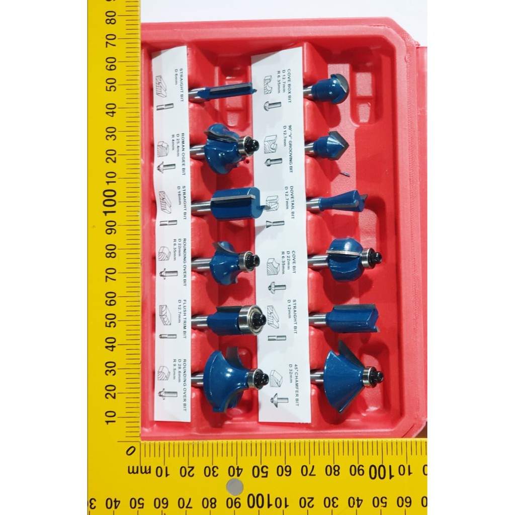 MAIL SET  12 pc router bit set mata profil mata trimmer krisbow tolsen Mata Profil Set 12pcs Trimmer Router Bits Set 1/4” Kayu Router Mailtank Woodworking Shank Trimmer