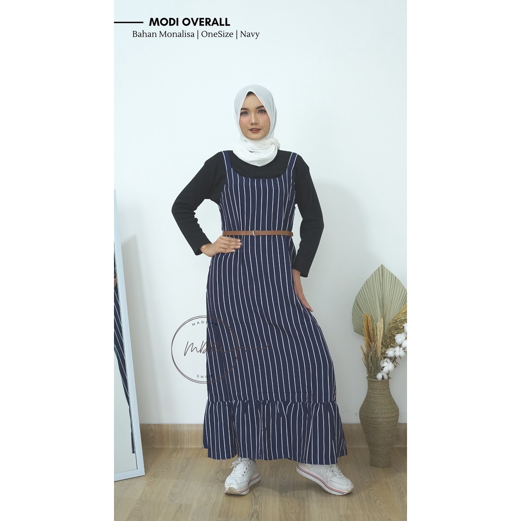 (FREE BELT) Modi Overall Bahan Monalisa Motif Salur Garis Stripe Rempel Bawah Tanpa Lengan Ld 102 cm / Dress Wanita Remaja Muslim Terbaru Warna Mocca Hitam Maroon Navy Kekinian