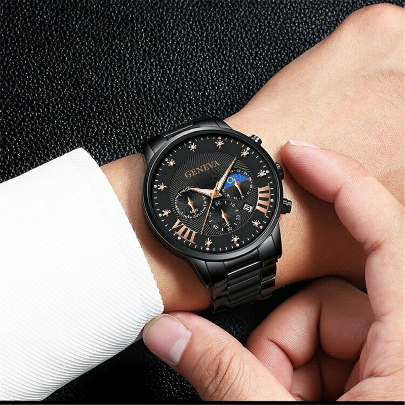 Jam Tangan Pria Rantai Luxury Original Geneva Analog Jam Cowok Stainless Steel Casual Jam Arloji Cowok Besi Quartz Modern Kekinian Formal