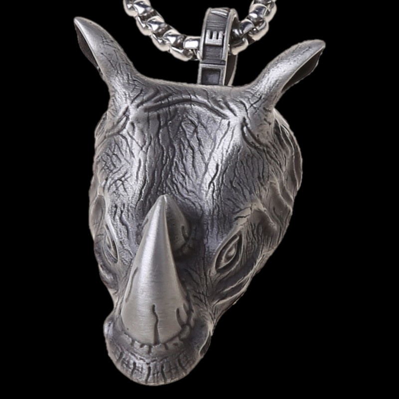 Glitter Vintage Norse Rhinoceros Pendant Necklace for Men Biker Punk Rock Animal Rhino Head Pendants with 24 inch Steel Chain