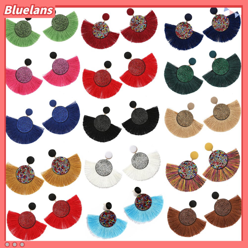 Anting Stud Bentuk Kipas Rumbai Aksen Berlian Imitasi Gaya Bohemia Untuk Wanita