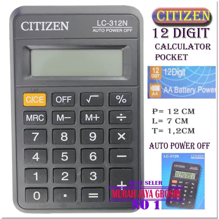 Kalkulator Saku Citizen LC 312 N / LC-312N / 12 Digit / AA Battery Power / Pocket Calculator