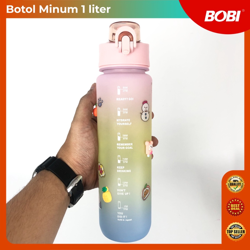 Botol Air Minum Motivasi 1 Liter kode 268-1 / Botol Viral 1 Liter Warna Gradasi / Botol Minum + Sticker Lucu Bobi