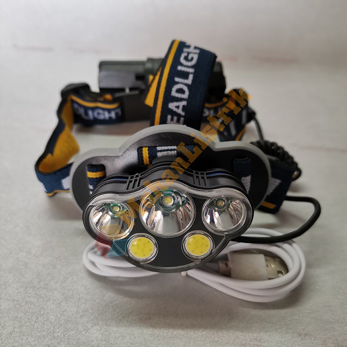 Senter Kepala 5 Mata LED COB XML T6 Headlight Lamp Super Terang