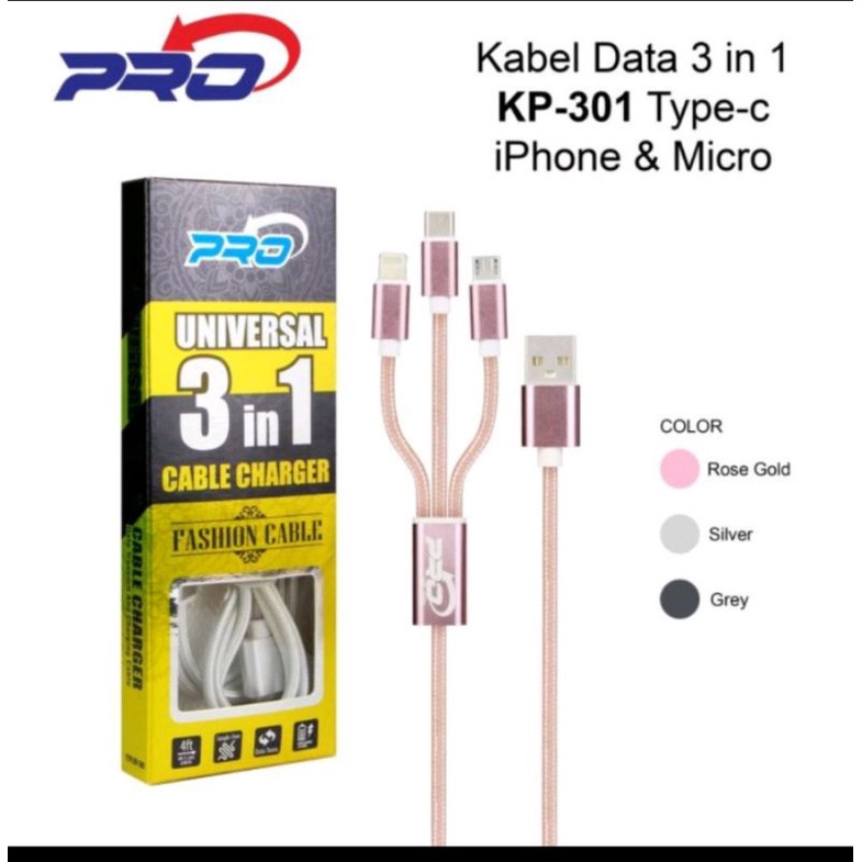 Pro Kabel Data Charger USB 3IN1 Micro Type C Iphone Lightning KP-301