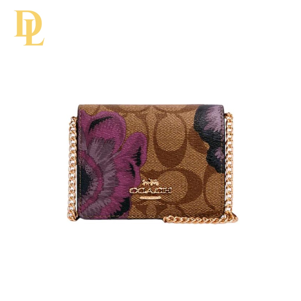 COACH MINI WALLET SIGNATURE CANVAS WITH KAFFE FASSET PRINT MINI ON CHAIN WALLET (6265)