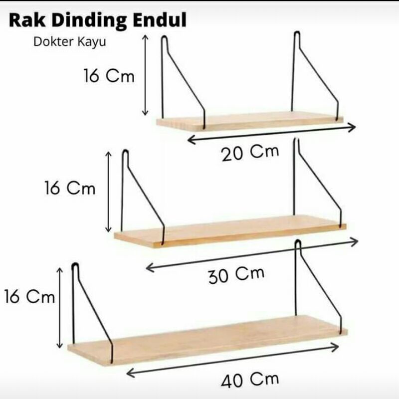 rak ambalan besi,rk dinding kayu murah satu set  3pcs. pjg,20,30,40