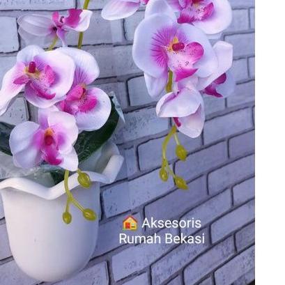 ☚ SET BUNGA PLASTIK ANGGREK 2 CABANG BESAR DENGAN POT DINDING OMBAK ✰