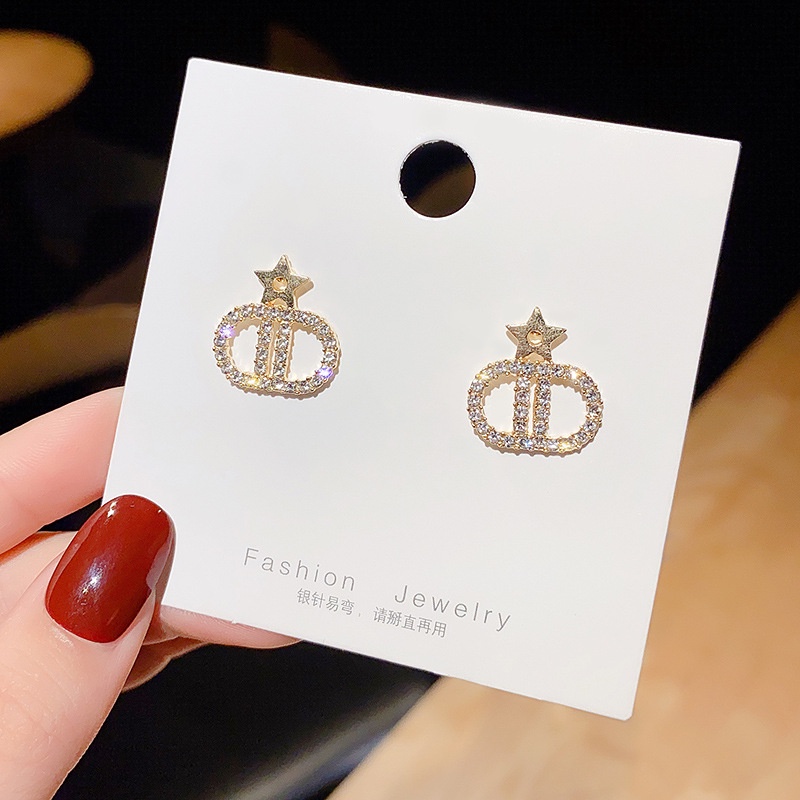 Anting 925 silver needle Aksen Berlian Zirkon Bersinar Desain Huruf