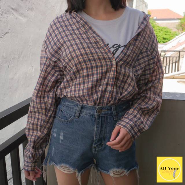 KEMEJA FLANEL VINTAGE MURAH BROWN BLUE THRIFT WANITA