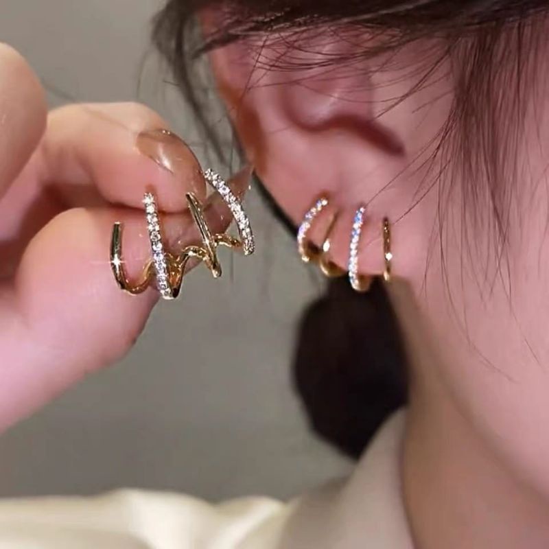 FerenHongXia Anting Tusuk bentuk Geometri Bahan Metal Hias Berlian Imitasi untuk wanita Gaya Korea