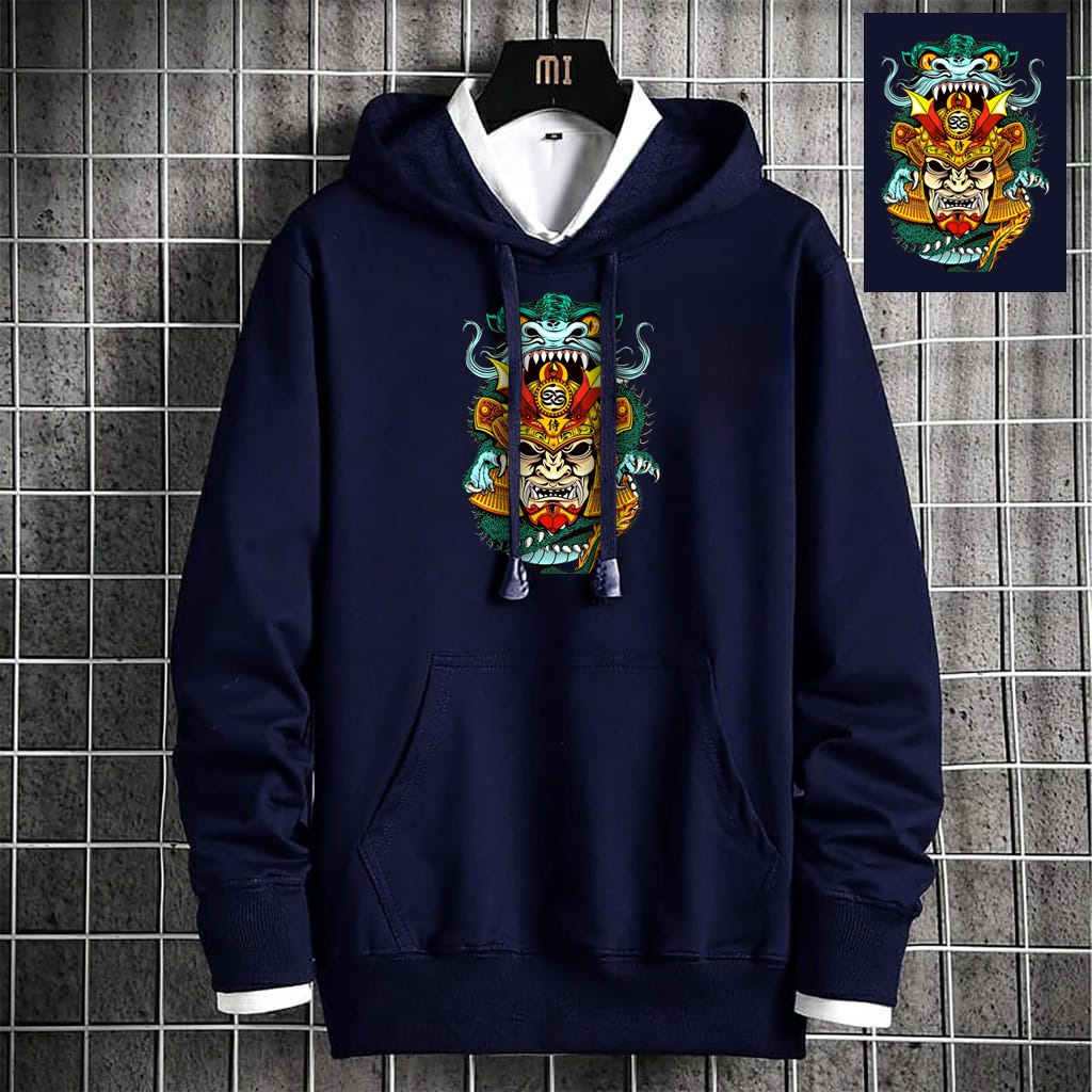 INDOSAN-SWEATER HOODIE GREEN DRAGON SAMURAI-HOODIE DISTRO BAHAN FLEECE MOTIF GAMBAR DTF PRINTING-REAL PICT-BISA COD