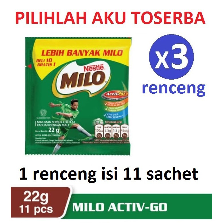 Milo Renceng Activ-Go Cokelat Malt 22 gr x 11 sachet ( HARGA 3 RENCENG )