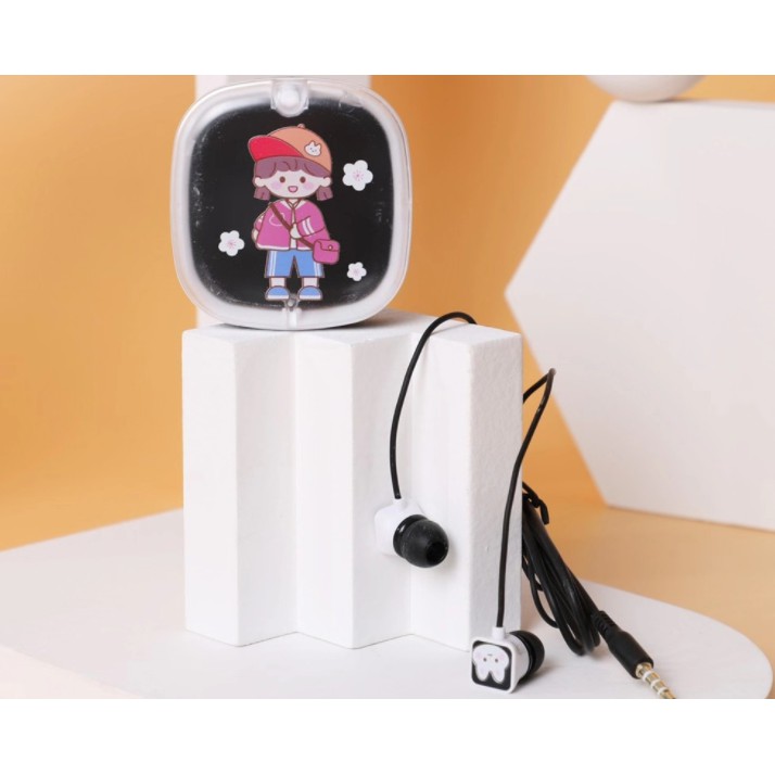 [XY-51] Set Headset Earphone Kartun Anak Perempuan NICE HOLIDAY / Wadah Earphone Kotak Transparan