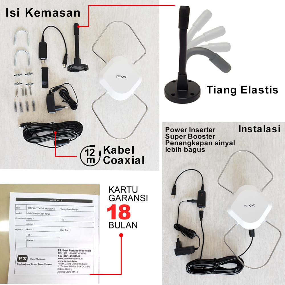 Antena TV Digital Analog PX HDA-5600 Kabel 12M Booster Indoor-Outdoor