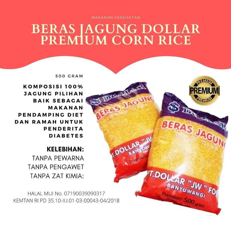 

BERAS JAGUNG/ CORN RICE CAP DOLLAR SEHAT MURAH 2x 500 GR