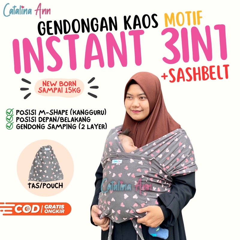 Gendongan Kaos Geos 3in1 Instant Motif Gendong Samping dan Depan (M Shape/Kangguru) + Sash Belt