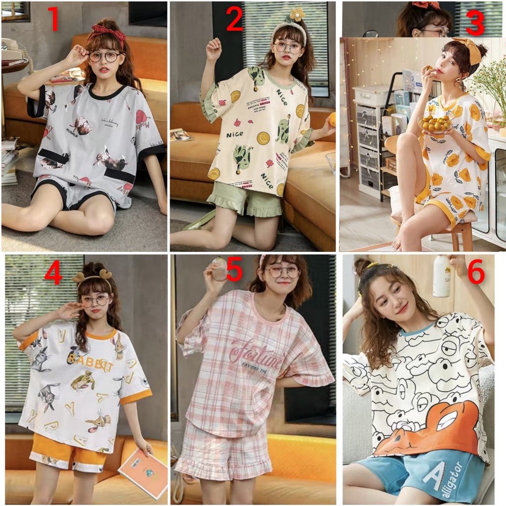 Baju tidur piyama lengan pendek celana pendek bahan kaos import