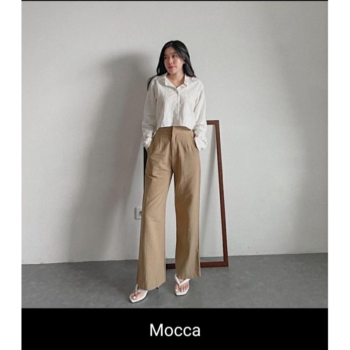 Melyssa Kulot - Celana Kulot - Vintage - Linen Crinkle Highwaist- Cullote Pants | Wide Leg Cullotes | Celana Kulot Wanita-Mocca