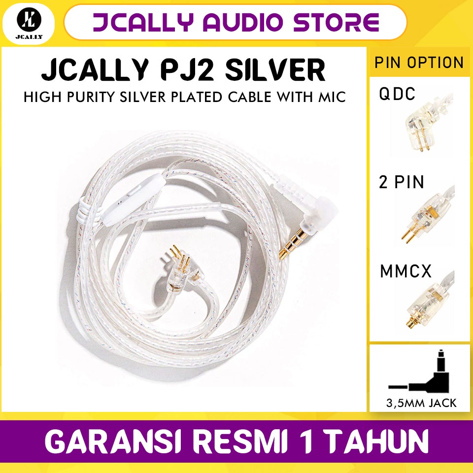 JCALLY PJ2 Silver Upgrade Cable with Microphone Kabel Upgrade Lapis Perak