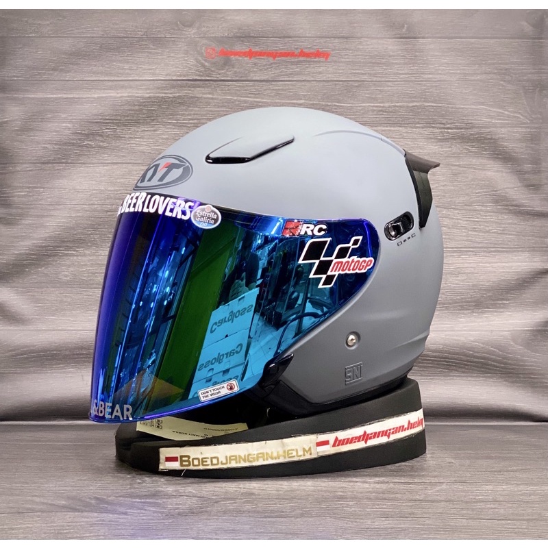 PAKET GANTENG  KYT HELM DJ MAXI GORILLA GREY DOFF - FLAT VISOR IRIDIUM KYT - HALF FACE DOUBLE VISOR-Paket blue