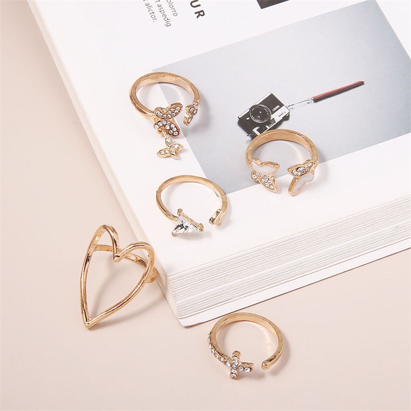 5pcs / Set Cincin Desain Kupu-Kupu Hati Segitiga Hollow Aksen Berlian Penuh Untuk Aksesoris Wanita Butterfly