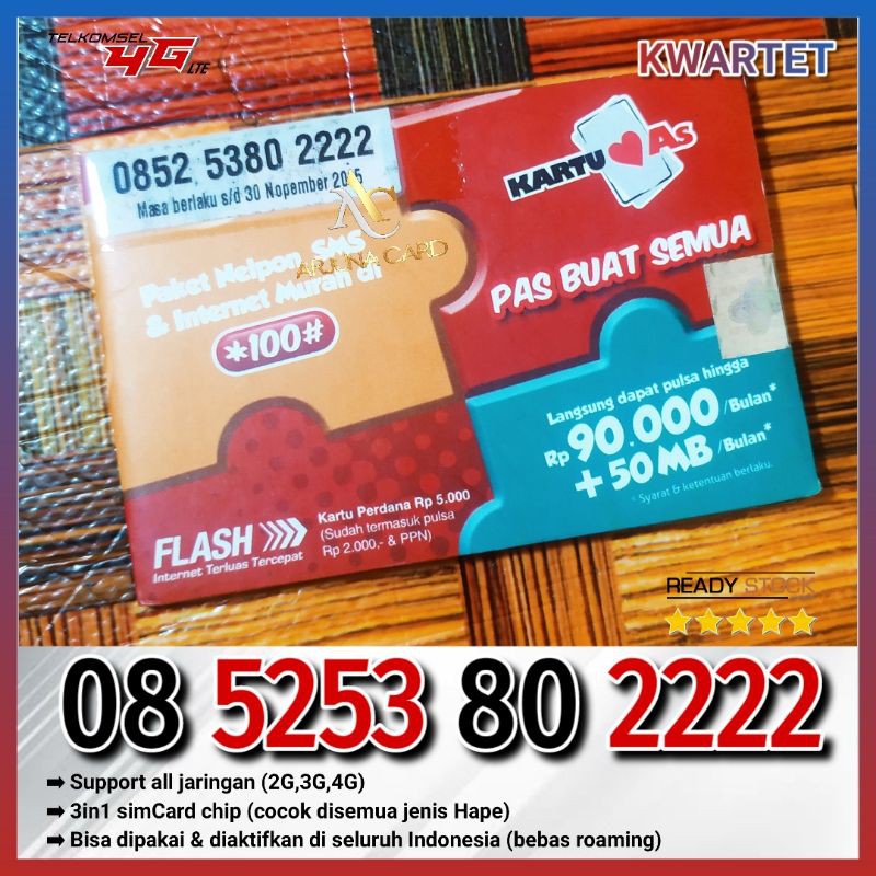 Kartu Perdana Nomor Cantik As 0852 xx 80 2222 Telkomsel Kwartet sakti combo 4G