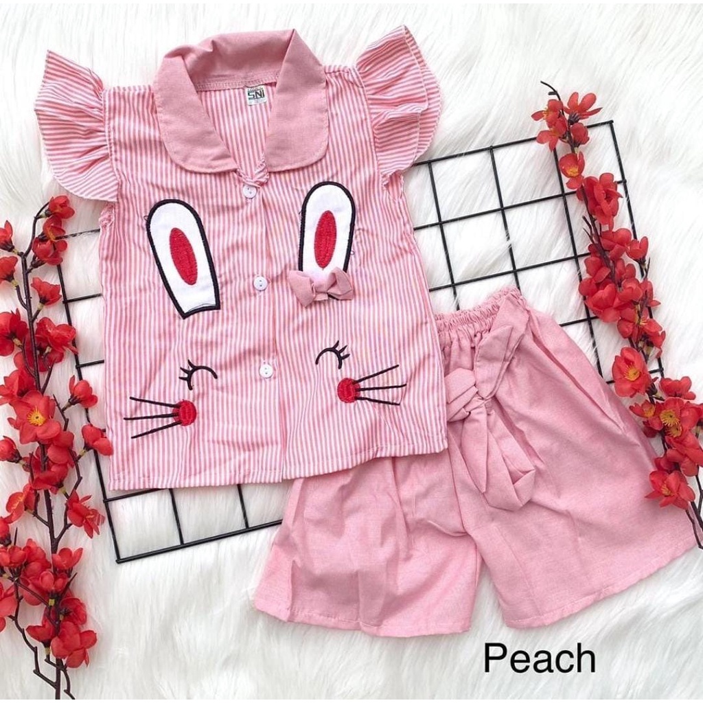 Baju setelan kemeja celana gambar kelinci lucu fashion anak bayi cewek perempuan murah -kem