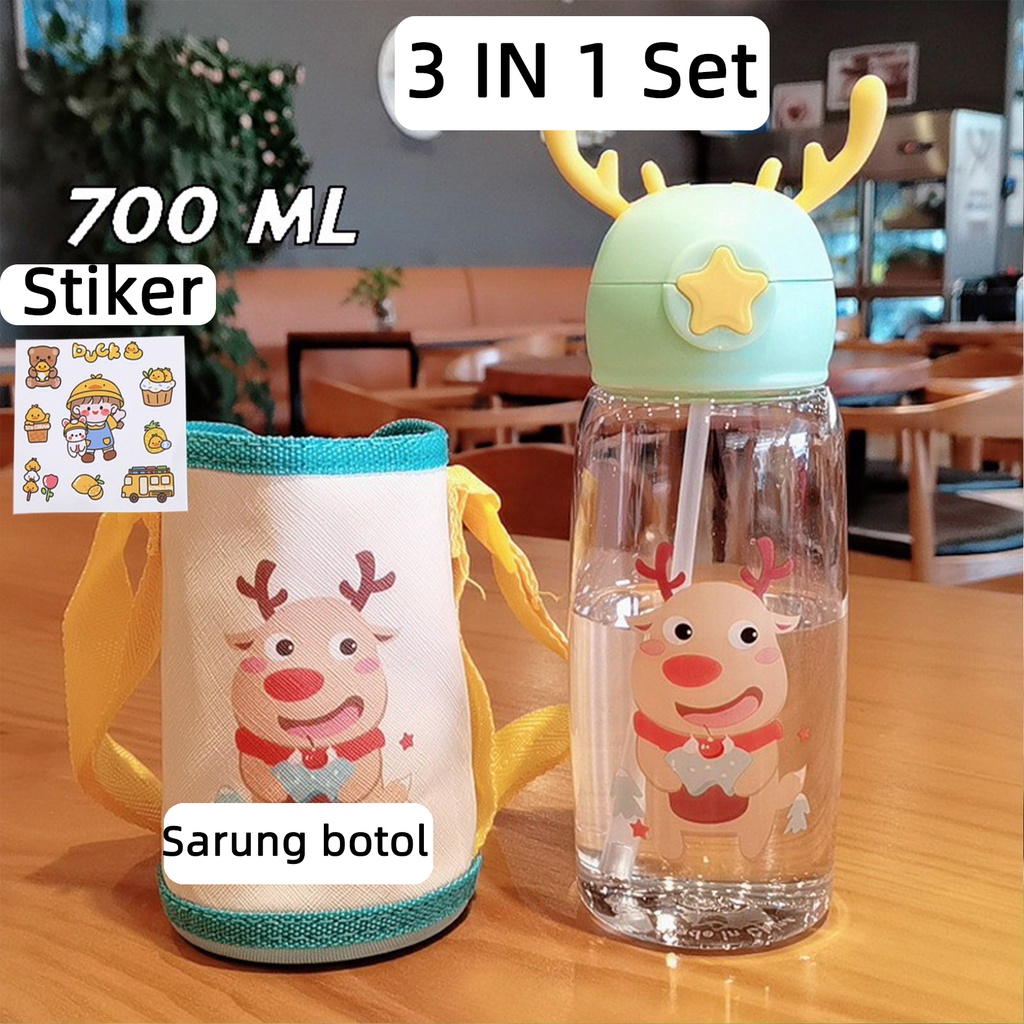 Botol Minum Anak Desain Unik Variasi Motif Karakter terdapat Sedotan BPA FREE bottol minum sedotan cangkir jerami cangkir plastik lucu cangkir kartun portabel 480ML 1000ML-Deer 3 IN 1