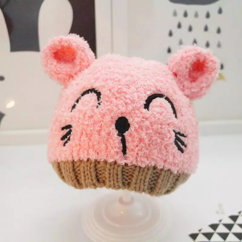 Topi Kupluk anak Bayi Rajut Fleece smiley cat hangat lembut fashion baby import-Pink