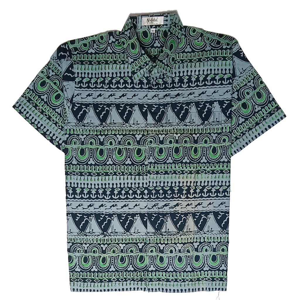 Kemeja Baju Batik Pria Lengan Pendek Cap Biru Muda Hijau Ketip