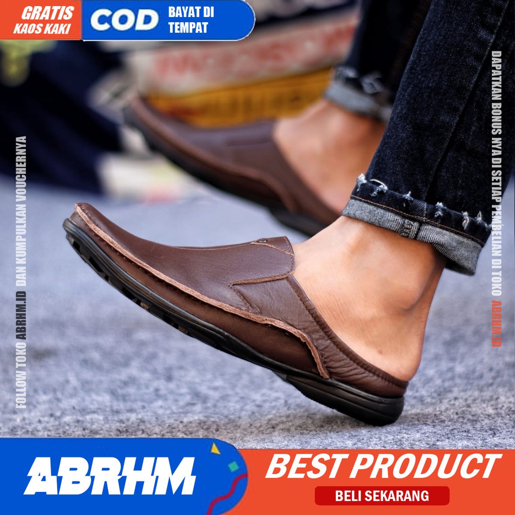 ABRHM x Sandal Slide Pria Sandal Slop Pria Kulit Asli Sendal Selop Cowok / Cowo Ori Keren Kekinian