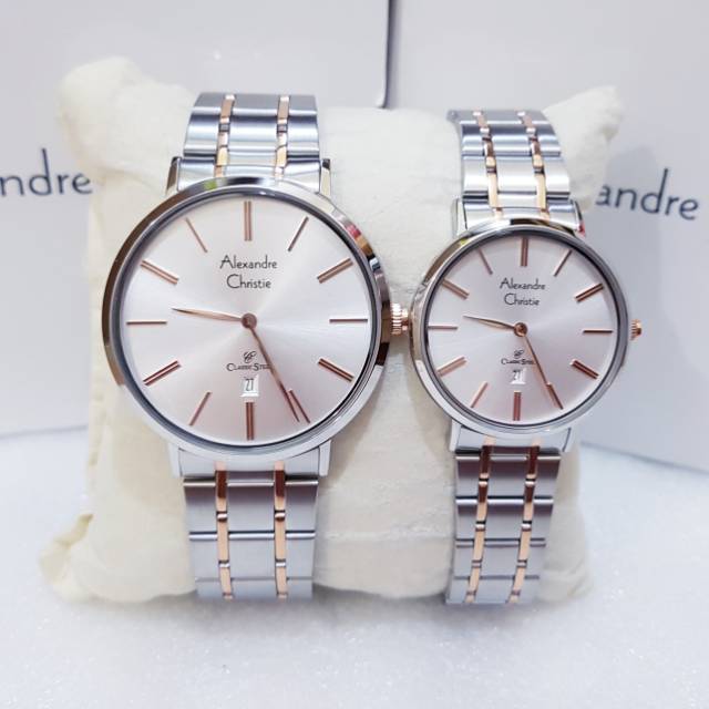 ALEXANDRE CHRISTIE AC 8597 SILVER ROSEGOLD JAM TANGAN COUPLE ORIGINAL