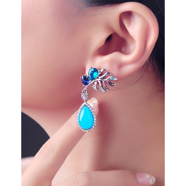 LRC Anting Tusukl Fashion Blue Leaf 925 Silver Pin Stud Earrings D33179
