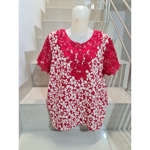 Blouse Brukat Bunga Renda Combi Brukat Impor XL-2XL-51 - Merah Ld 106