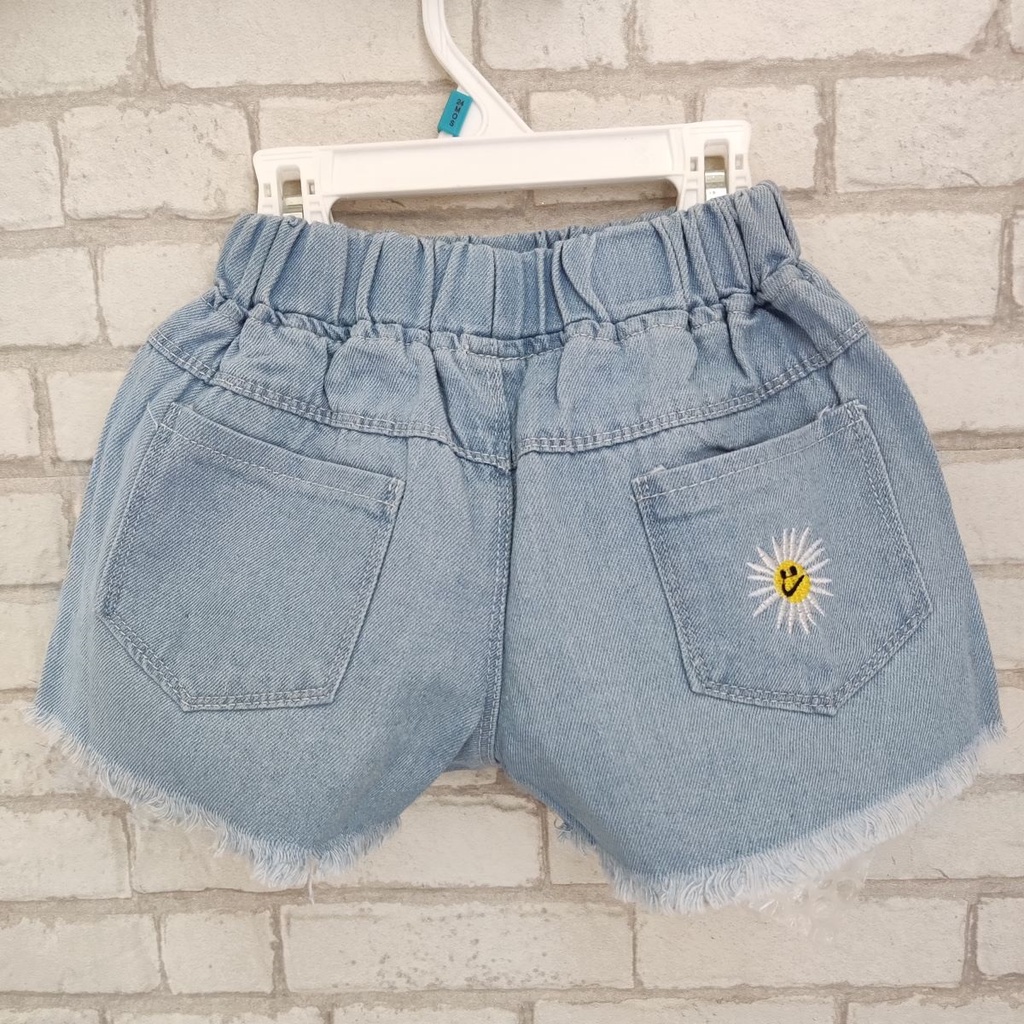 Celana jeans pendek anak motif renda/bunga