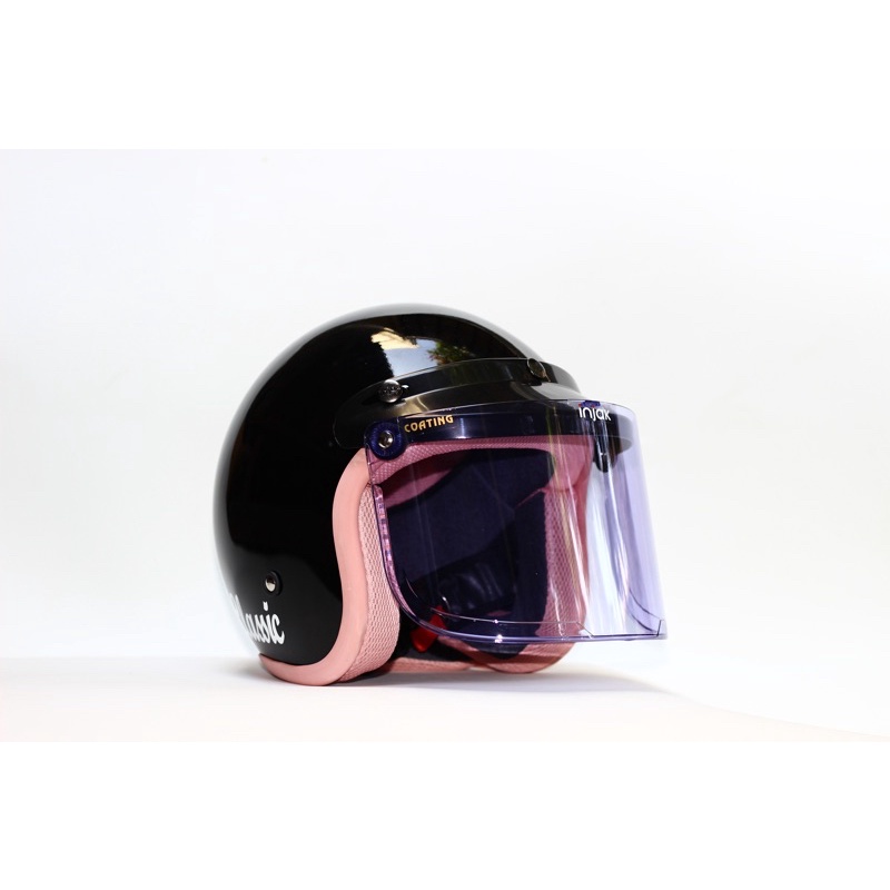 (BISA BAYAR DI TEMPAT)Helm bogo retro pria dan wanita hijab classic original sni trendy list pink hitam glossy list pink kaca datar (BISA COD)-HG list pink kdungu