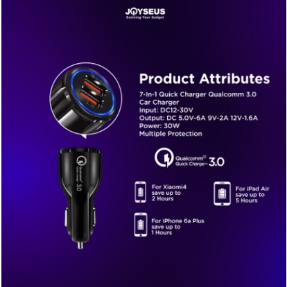 ✅COD Car Charger Colokan Mobil 2 Ports QC3.0 3.1A JOYSEUS Qualcomm Black