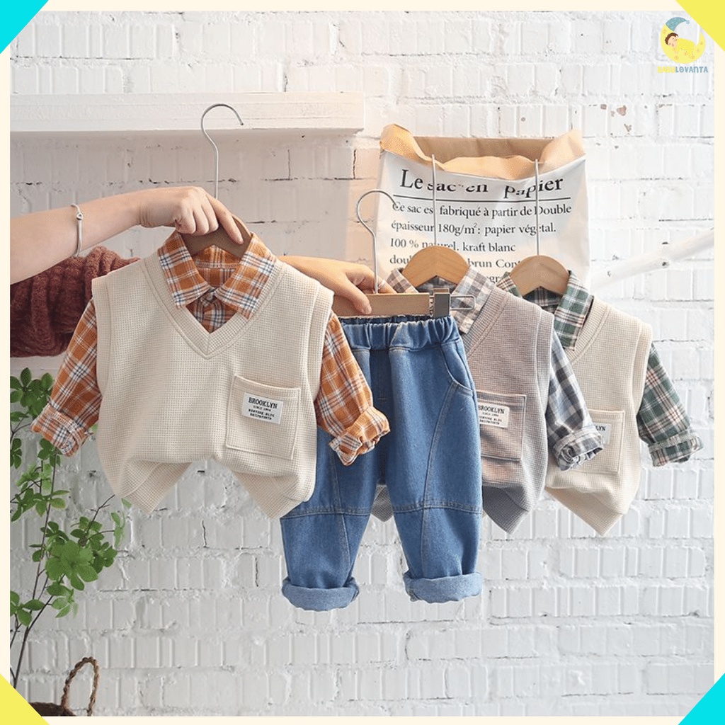 babylovanta - setelan anak import premium / setelan motif BROOKLYN GREY &amp; CREAM / setelan 0-4 tahun / setelan keren anak laki-laki