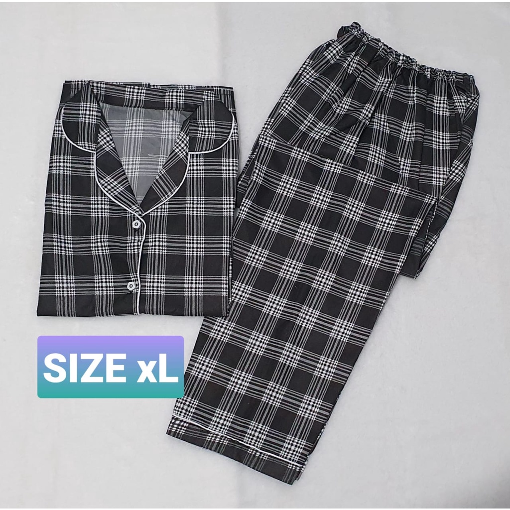 Setelan Lengan Pendek Piyama Baju Tidur Wanita Guilen Kotak Pajamas Cewek Dewasa Kekinian Abg-XLKelita Pajng Hitam