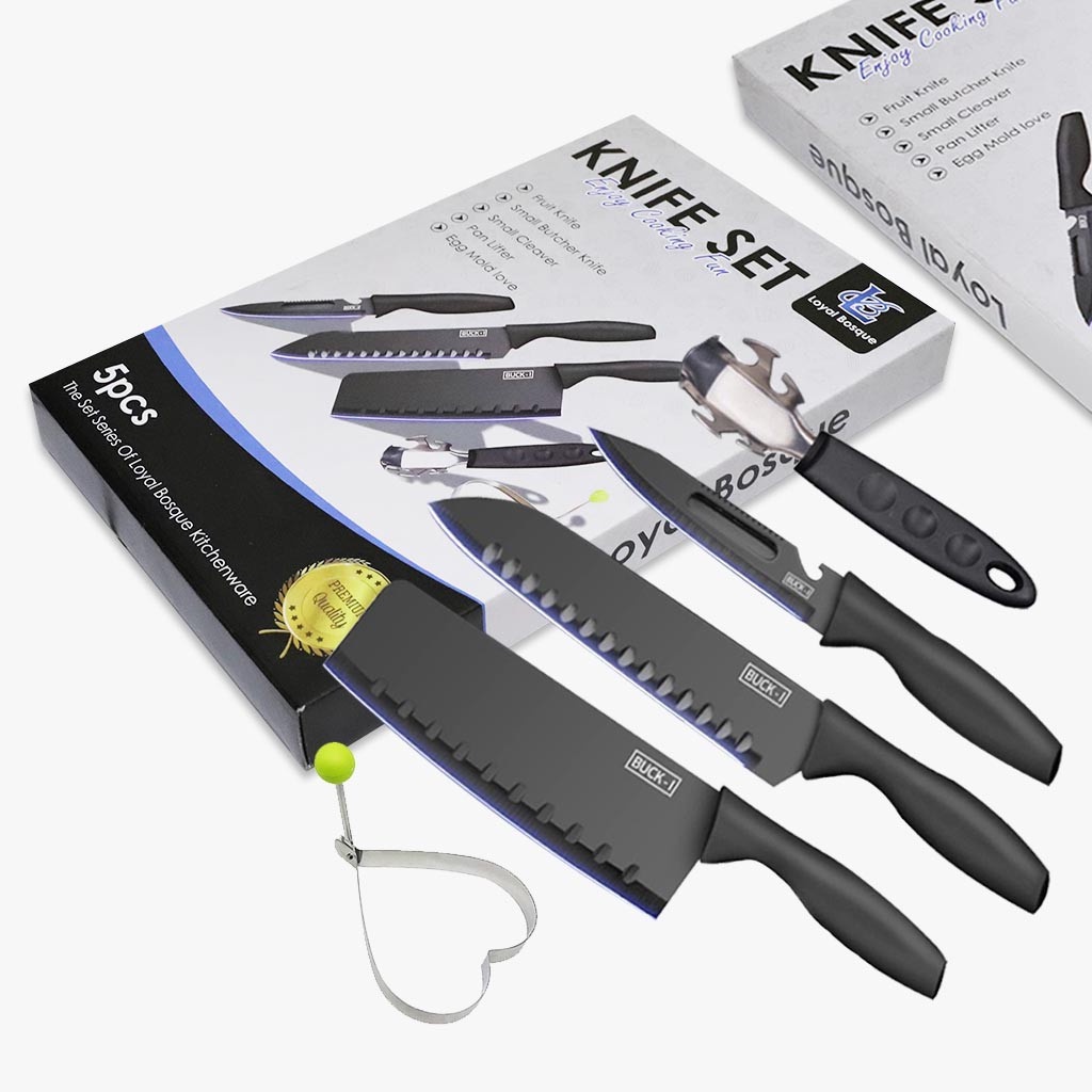 Set Pisau Dapur Hitam 5 Pcs in 1 Cetakan Telur Chef Knife Cleaver Pisau Potong/Pisau Antibakteri/Pisau Daging Tajam/5 Pcs Set/Pisau yang tidak menempel pada makanan