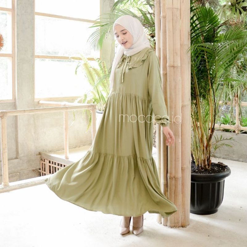 Midi Dress Kerah Renda Tali Katun Rayon Twill Premium Hitam Putih Olive Fuschia hijau kuning biru babyblye soft busui friendly babydoll polos  susun korea putih bersih broken white tulang