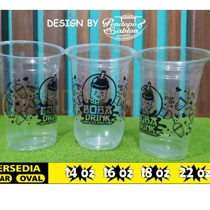 [0EW] gelas cup plastik MOTIF BOBA 14oz 16oz 18oz 22oz oval datar/ cup boba / sedotan boba bubble / 