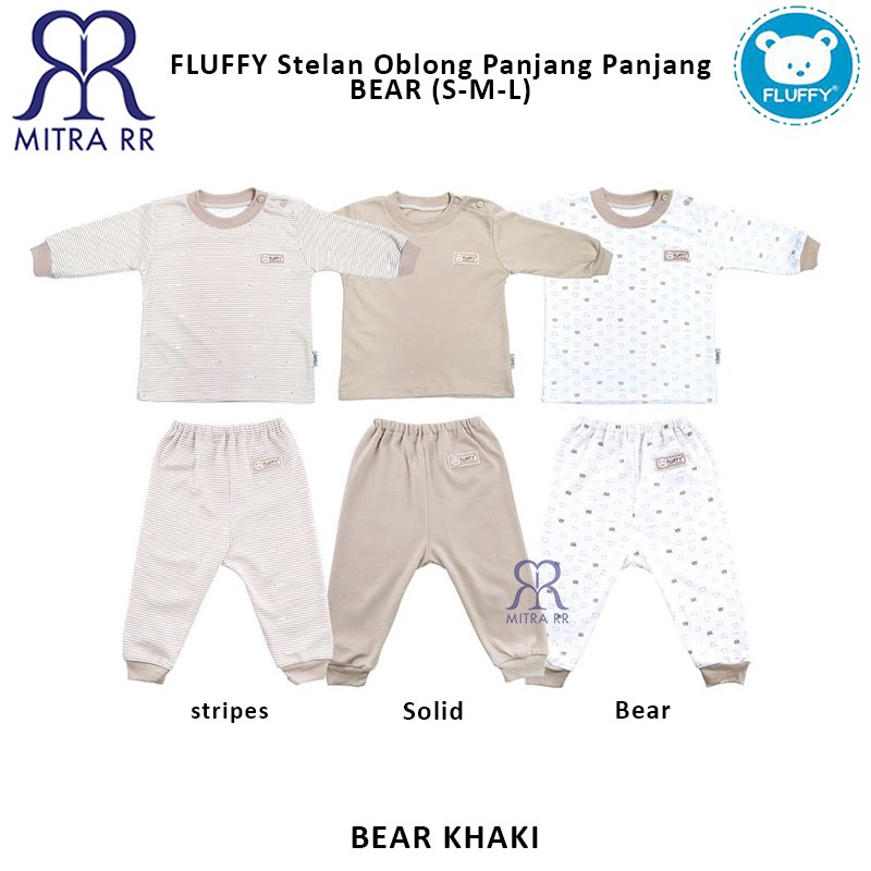 FLUFFY Stelan Oblong Baju Panjang Celana Panjang BEAR STAR S M L (3-12 bulan) Setelan Baju Bayi 3 Pasang