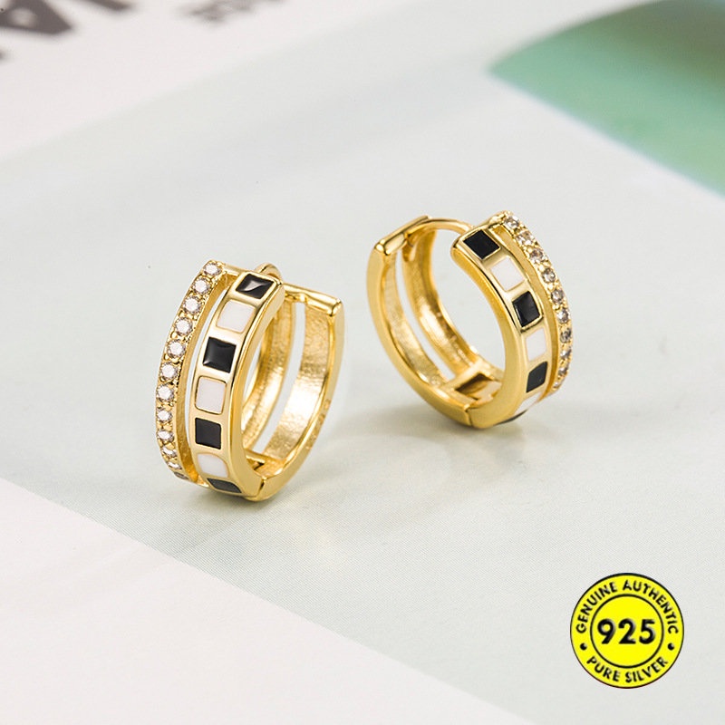 Anting Tusuk Lapis Emas Putih 18K Model Papan Catur Aksen Berlian Imitasi Untuk Wanita U1069