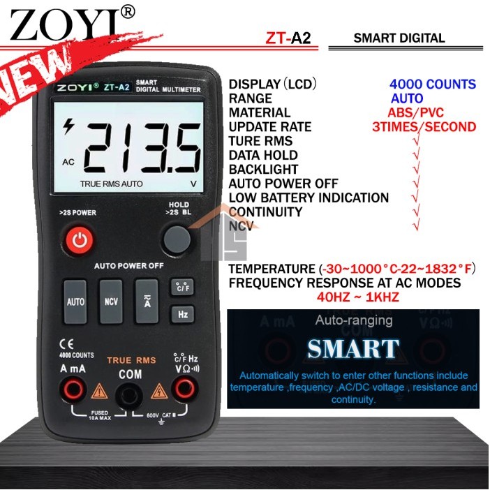 Zoyi ZT-A2 Auto Smart Multitester Avometer Digital AC DC Voltage NCV