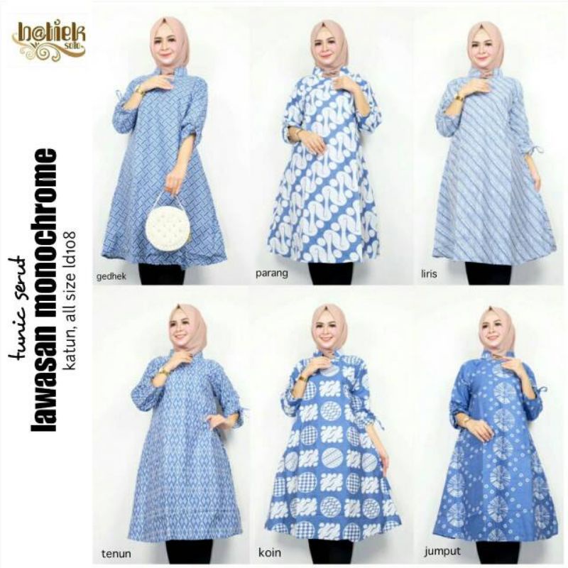 Ori Aksara Batik - Tunic Serut Lawasan Monochrome, Tunik Batik Wanita Modern Warna Biru Muda Fit XL 