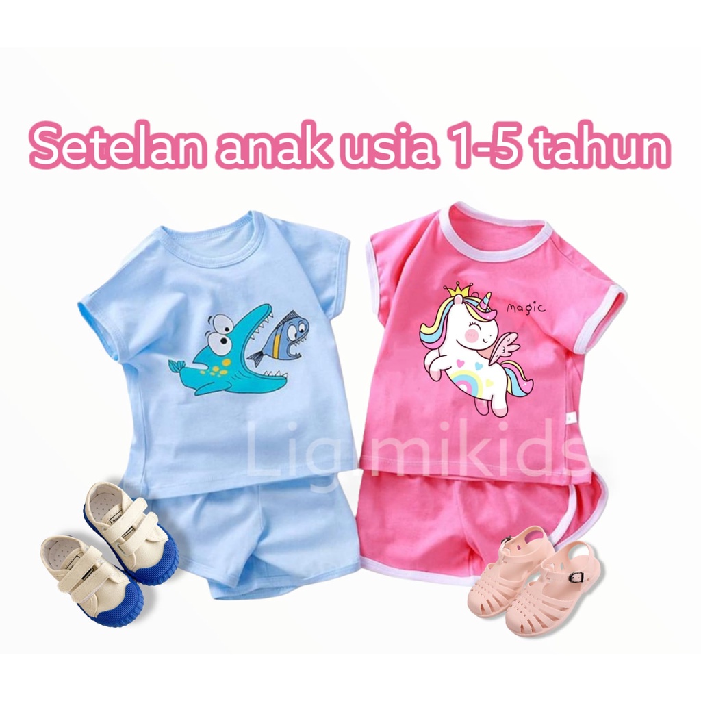 LIGIMIKIDS - Setelan anak perempuan dan laki laki ber motif usia 1-5 tahun, playset anak