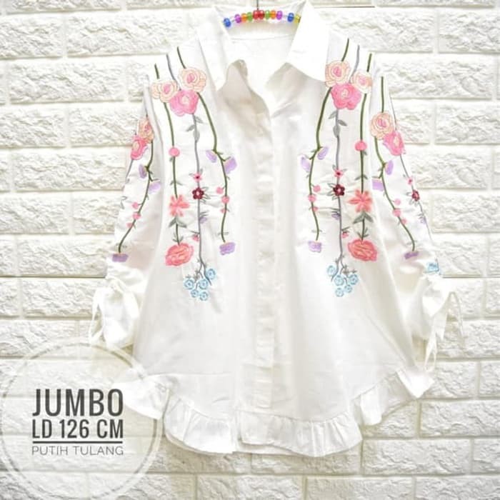 YC0190 Kemeja Wanita Putih Bordir Bunga Jumbo Tunik Katun Tangan Serut Limited