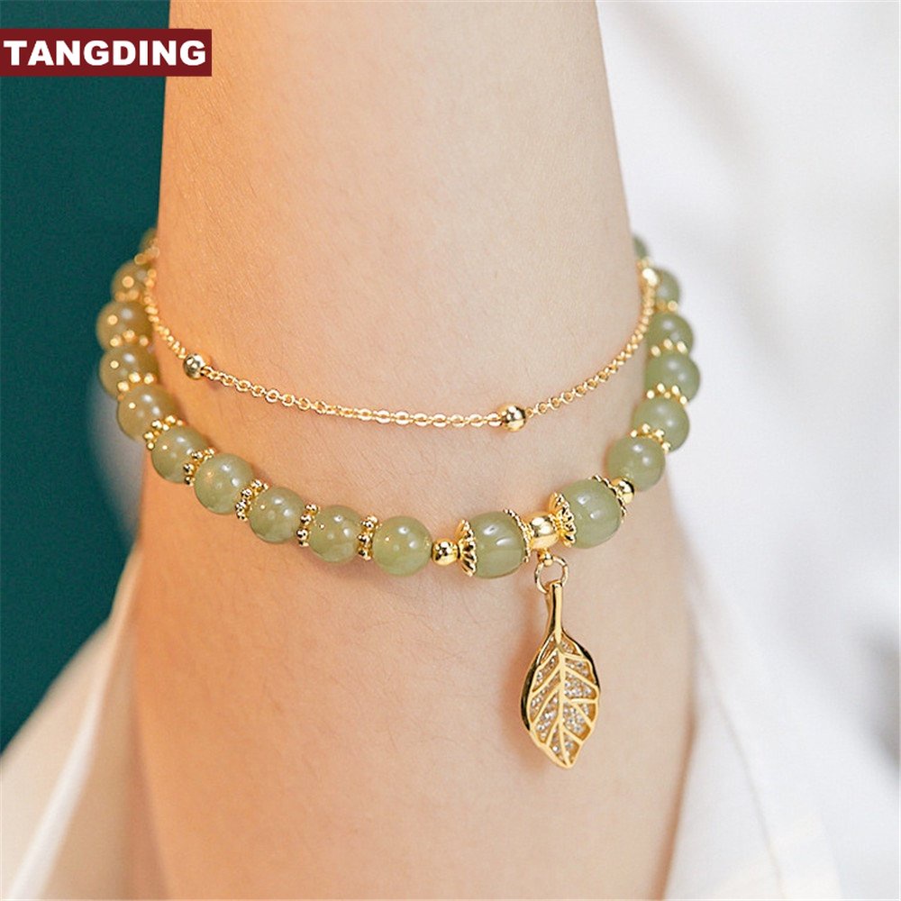 【COD Tangding】Gelang Tangan Manik-Manik Batu Jade Imitasi Aksen Daun Kecil Untuk Wanita